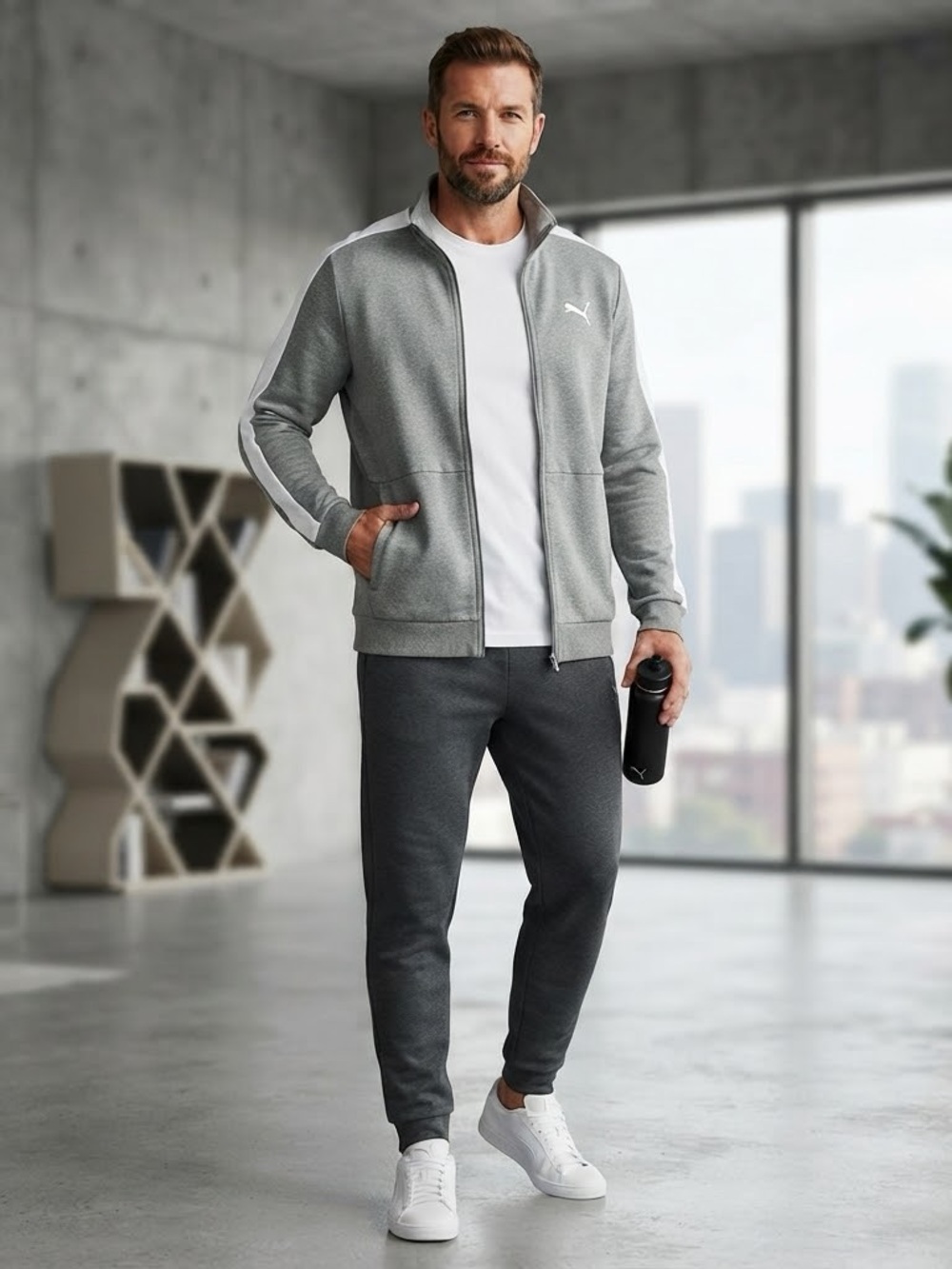 Puma Men's Gray Full Zip Track Jacket White Side Stripes Mock Neck Size XXL
